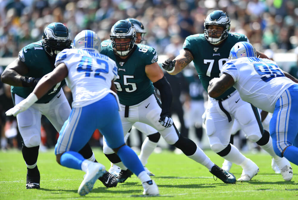 Philadelphia Eagles offensive tackle Lane Johnson (65) walks off