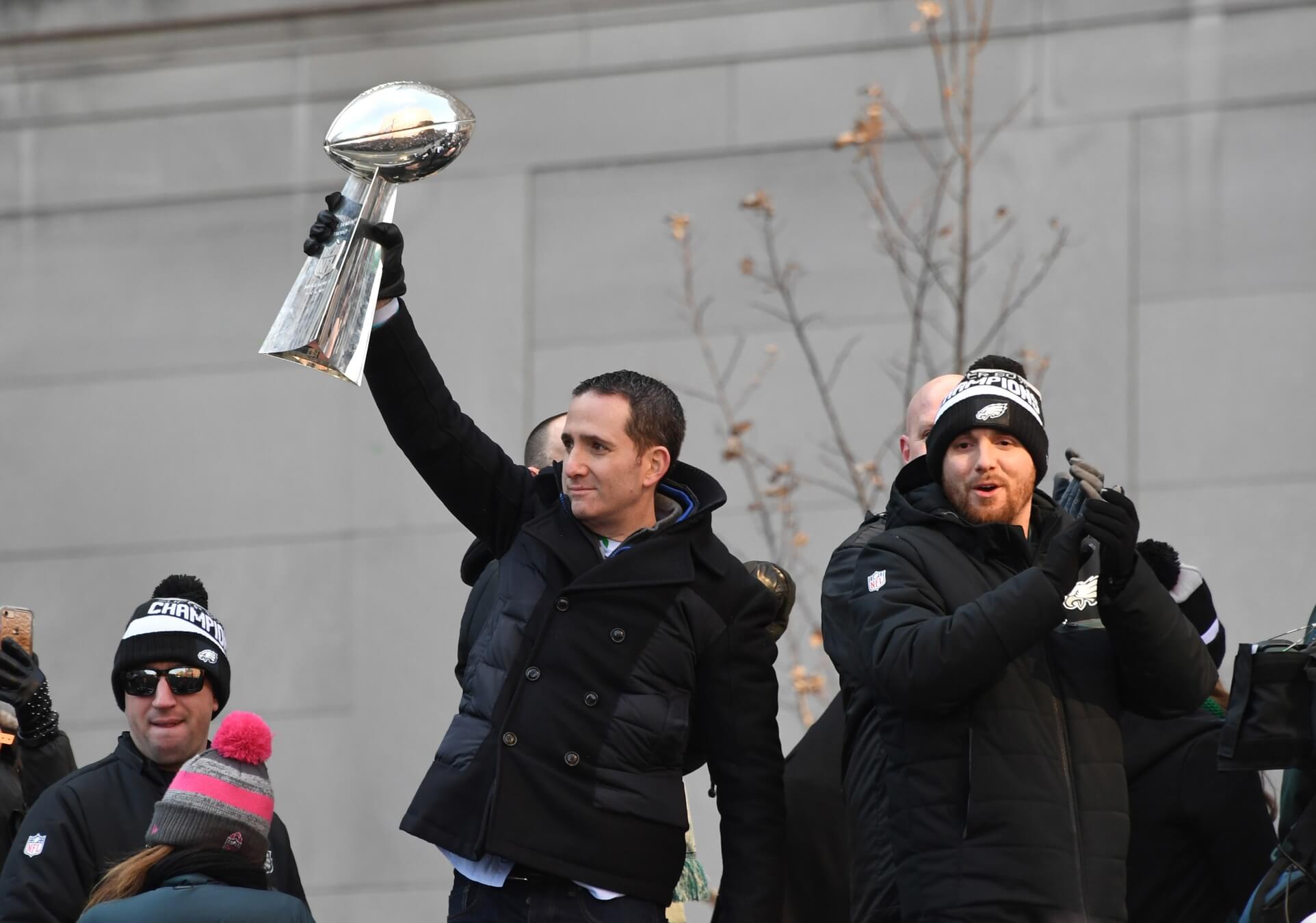 Eagles Quarterback Nick Foles hoisting the Lombardi Trophy after being  named Super Bowl MVP