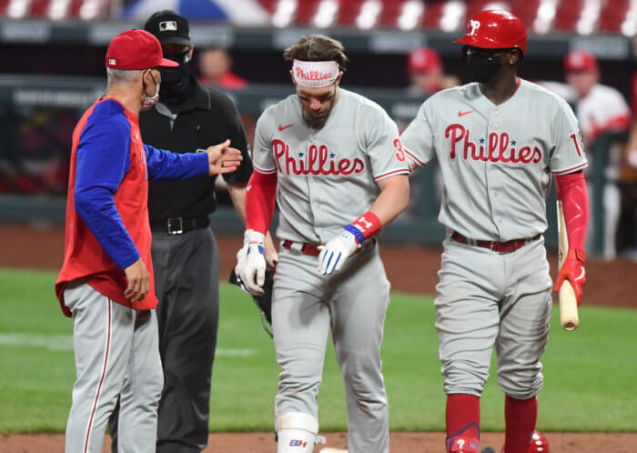 Phillies' right fielder Bryce Harper exits game after being hit in jaw by pitch (Keith Gillett/Icon Sportswire)