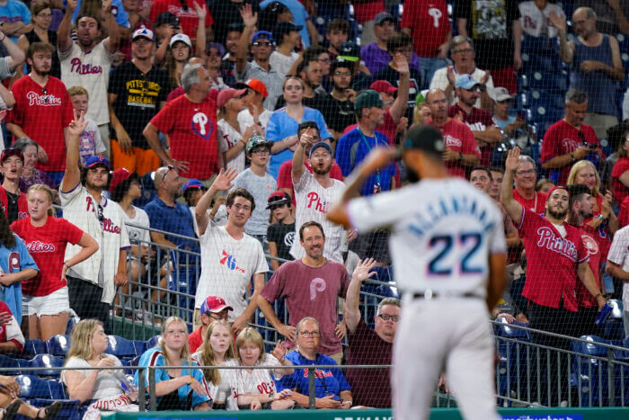 Phillies fans jeer at Sandy Alcantara after he was pulled during the eighth inning of a baseball game against the Philadelphia Phillies, Wednesday, Aug. 10, 2022, in Philadelphia. (AP Photo/Matt Slocum)