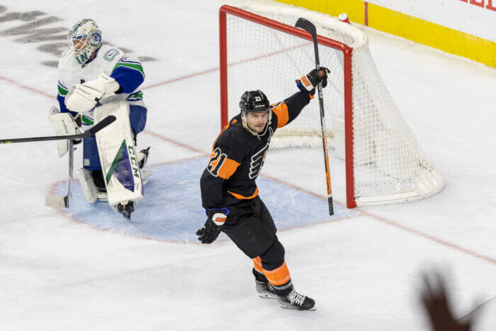 Flyers Scott Laughton celebrates short handed goal