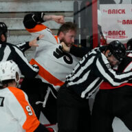 Flyers' Nicolas Deslauriers fights Senators' Mark Kastelic
