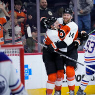 Flyers' Sean Couturier and Travis Konecny celebration.