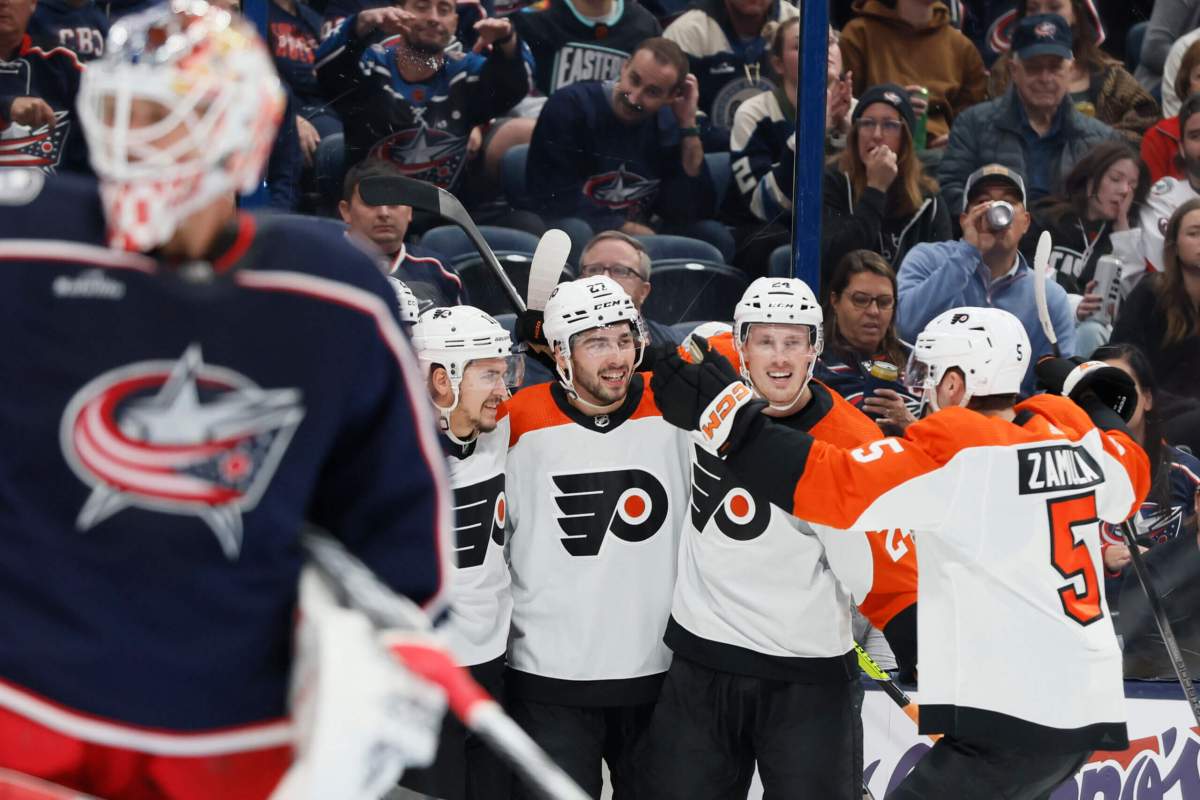 Flyers' Zamula, Seeler, Cates, Konecny celebration