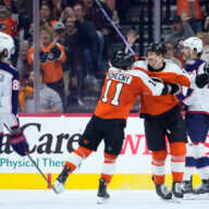 Flyers' Travis Konecny celebrates vs. CBJ.