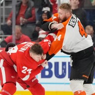 Flyers' Nicolas Deslauriers fighting.