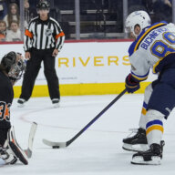 Flyers' Sam Ersson positioned in a shootout versus Pavel Buchnevich